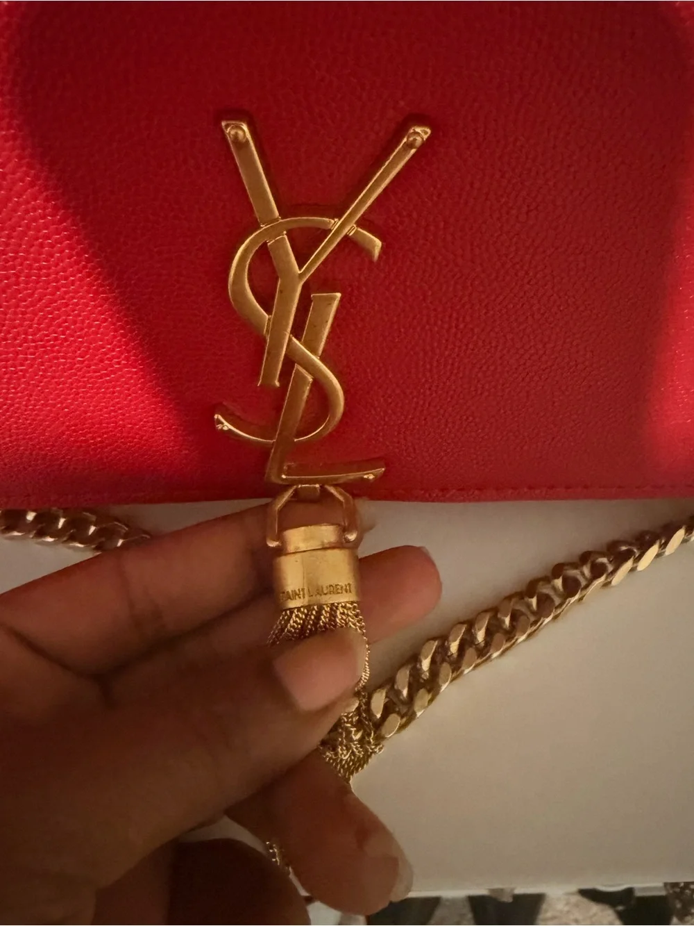 Saint Laurent Red Leather Tassel Chain Shoulder Bag with Gold Hardware - Picture 3 of 7